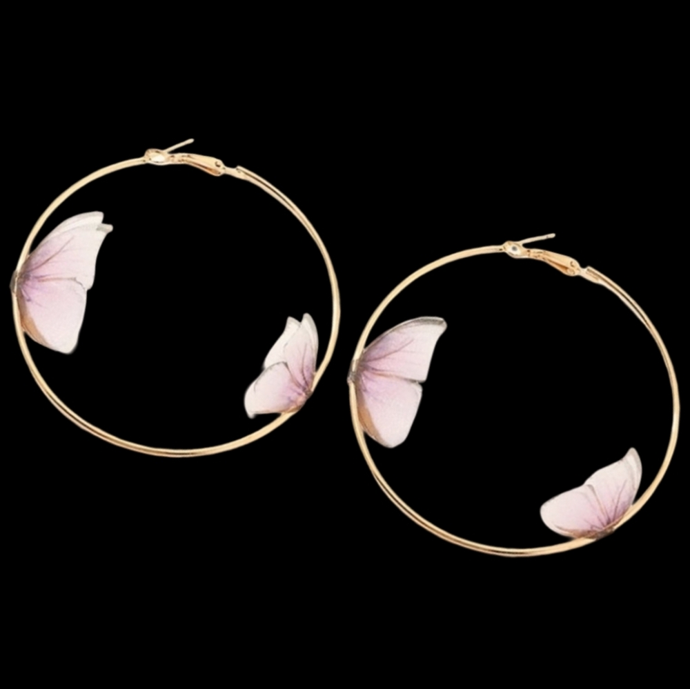 Gold Butterfly Oversized Hoop Earrings Lavender Butterflies Big Hoops Festival